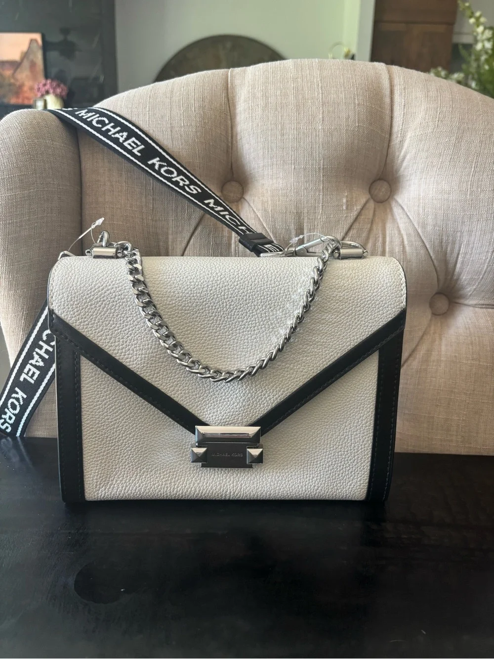 Michael Kors White and Black Pebbled Leather Shoulder Bag with Logo Strap